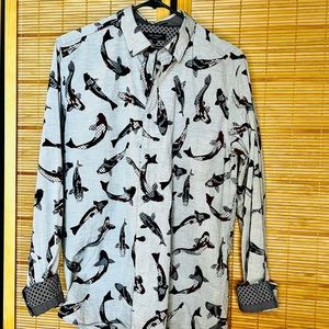Ted Baker London Men’s Button Down Gray w/ Koi Fish Design Flip Cuff Size 4 (16)